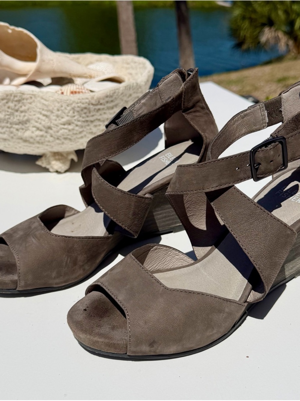 Eileen Fisher Charcoal Crisscross Peep-Toe Wedge Sandals